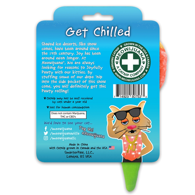 The back of the packaging for the snow cone cat toy, featuring a playful description and social media tags.