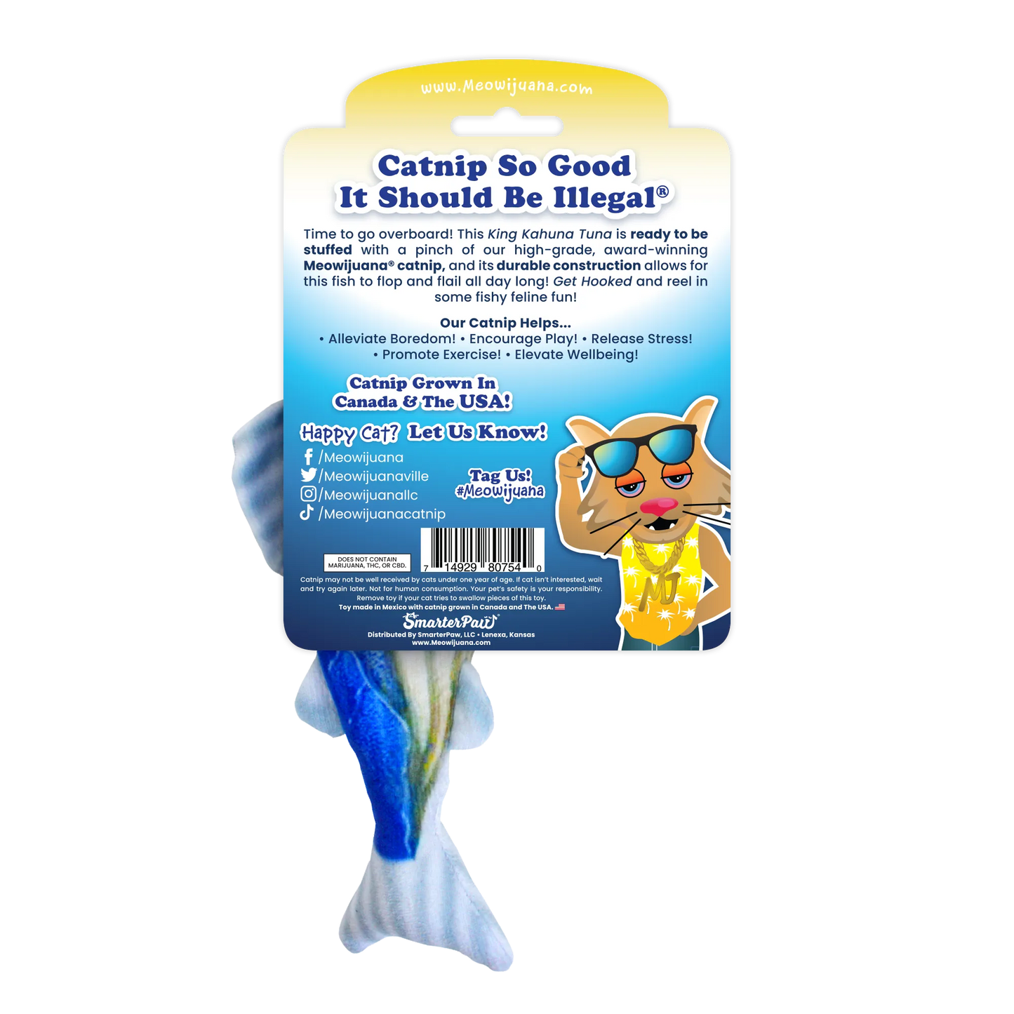 The back of the tuna toy packaging featuring playful text about the toy's benefits and social media tags for cat photos.