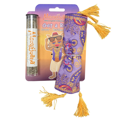 Cat toy shaped like a rolled carpet with intricate purple and gold designs, packaged with premium catnip.