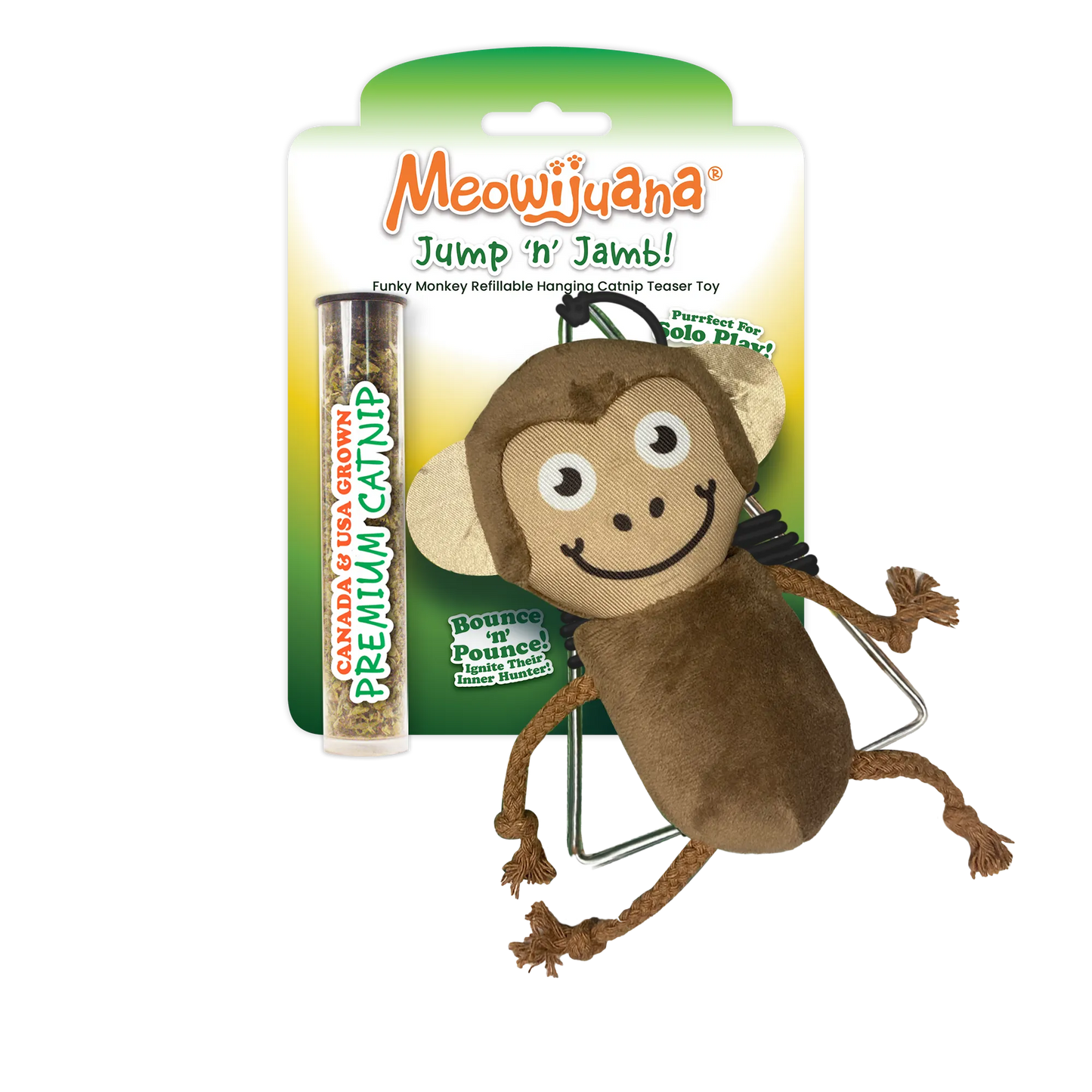 Meowijuana Jump 'n' Jamb! Funky Monkey refillable catnip toy in its packaging with a tube of premium catnip.