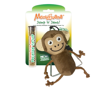 Meowijuana Jump 'n' Jamb! Funky Monkey refillable catnip toy in its packaging with a tube of premium catnip.