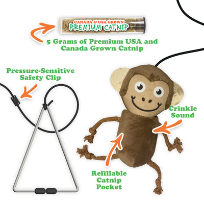 Detailed breakdown of the Funky Monkey toy features: refillable catnip pocket, crinkle sound, and safety clip.