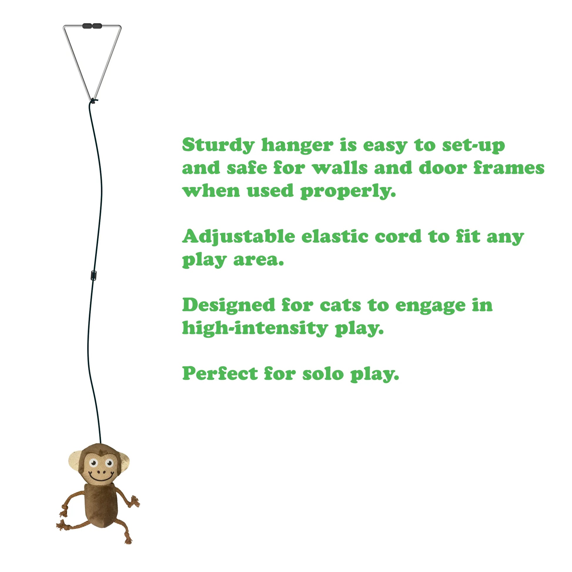 Hanging Funky Monkey toy set up with its adjustable elastic cord, sturdy hanger, and solo play design benefits highlighted.