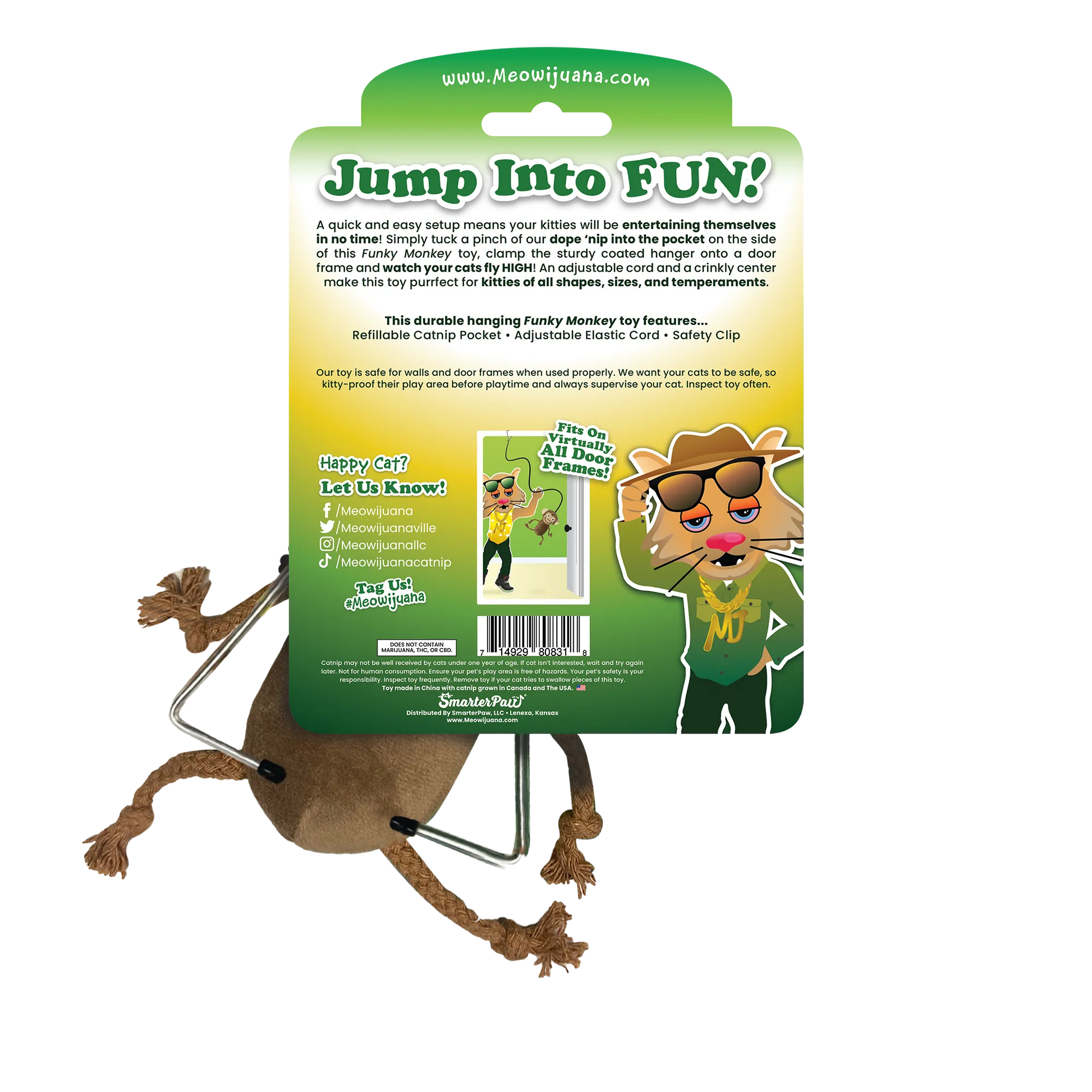 The back packaging of the Funky Monkey toy detailing its features, safety instructions, and Meowijuana branding.