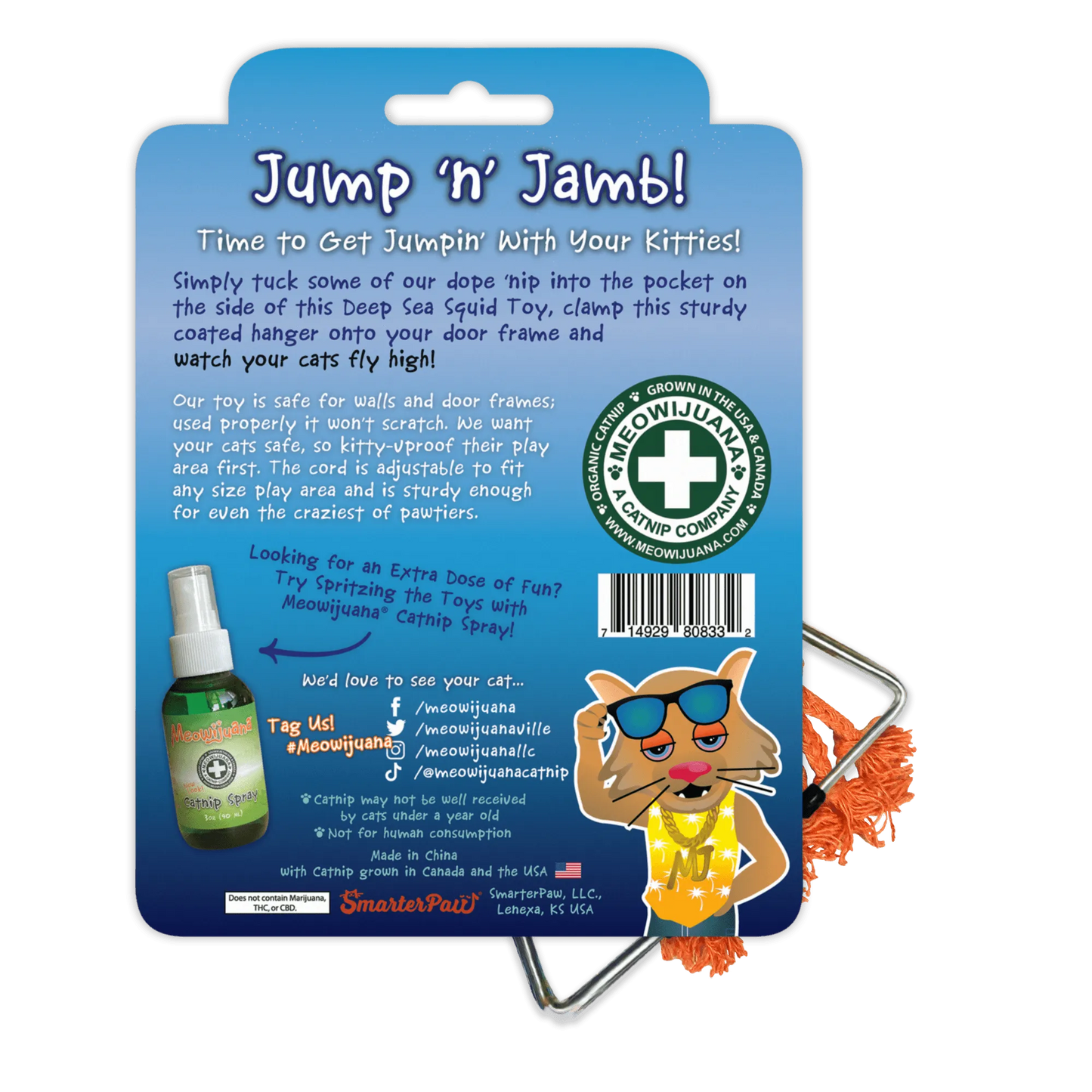 "Jump 'n' Jamb!" Deep Sea Squid toy instructions: add catnip, hang on door frame. Safe, durable, adjustable cord. Extra fun with catnip spray.