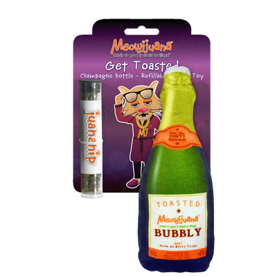 Meowijuana champagne bottle catnip toy with Juananip tube, perfect for playful celebrations with your feline friend.