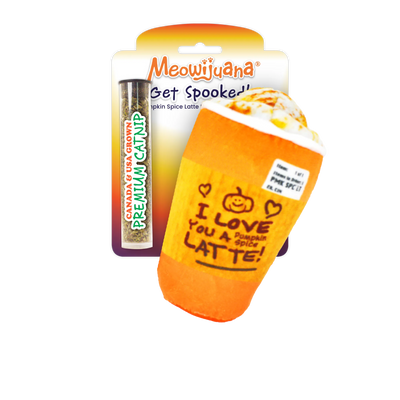 Meowijuana Get Spooked! Pumpkin Spice Latte toy with catnip, featuring a cute latte design and refillable pocket.