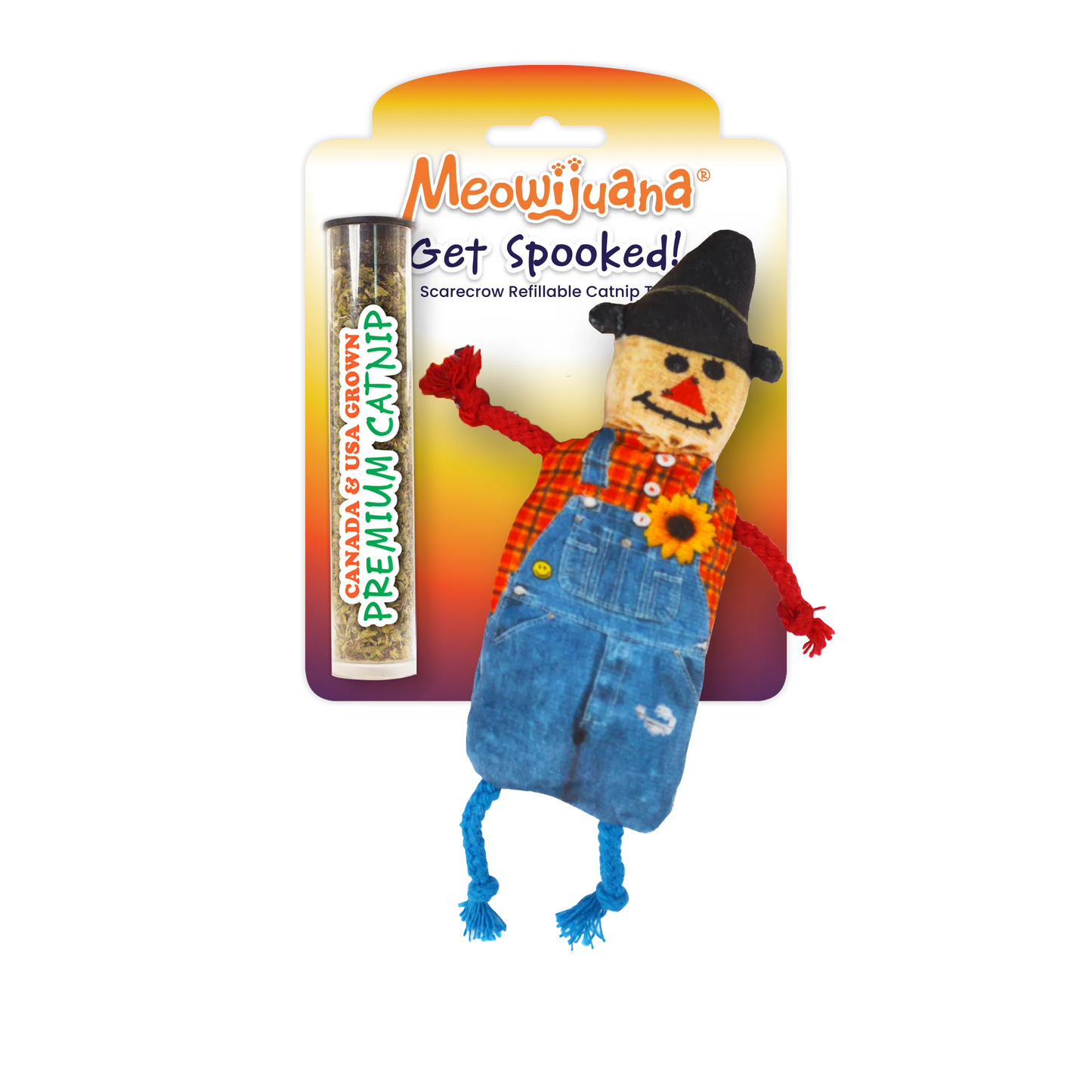 Scarecrow catnip toy with a tube of premium catnip.