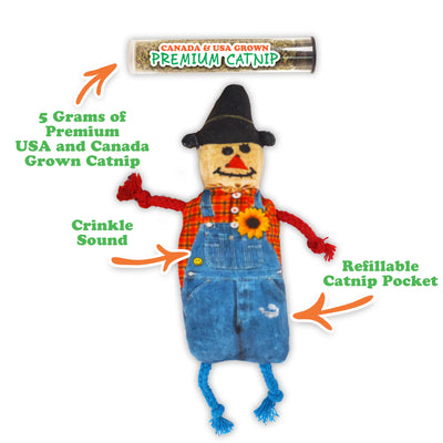 Scarecrow catnip toy showing refillable pocket, crinkle sound, and catnip tube.