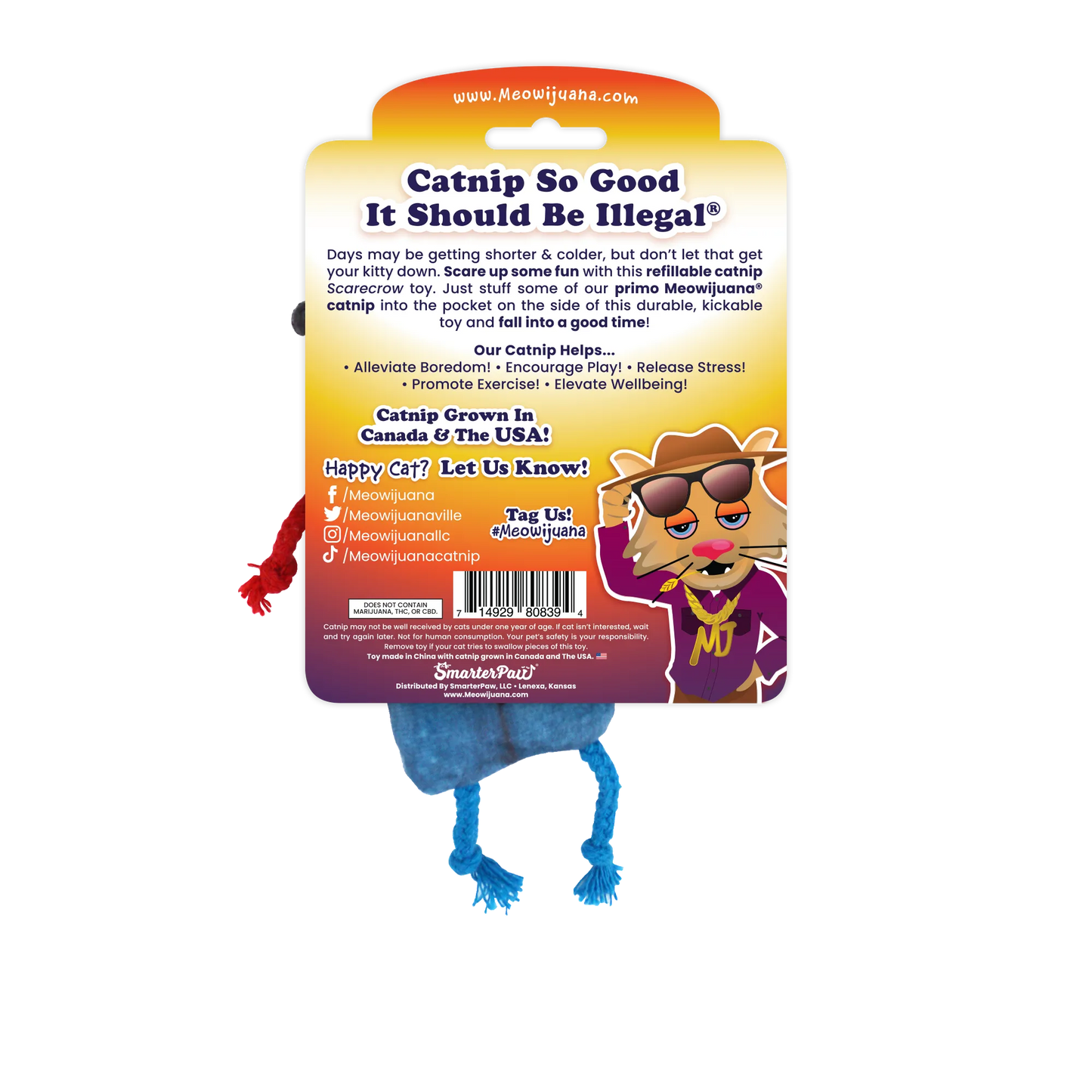 Back of the scarecrow catnip toy packaging with product details.