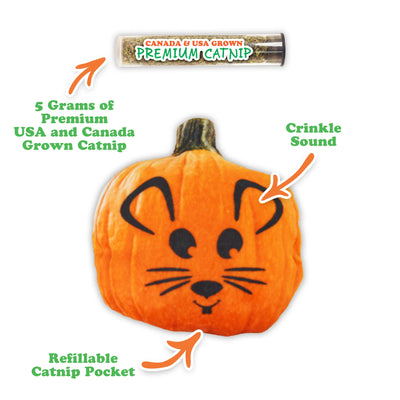 Close-up of a pumpkin cat toy with a refillable catnip pocket and a crinkle sound feature.