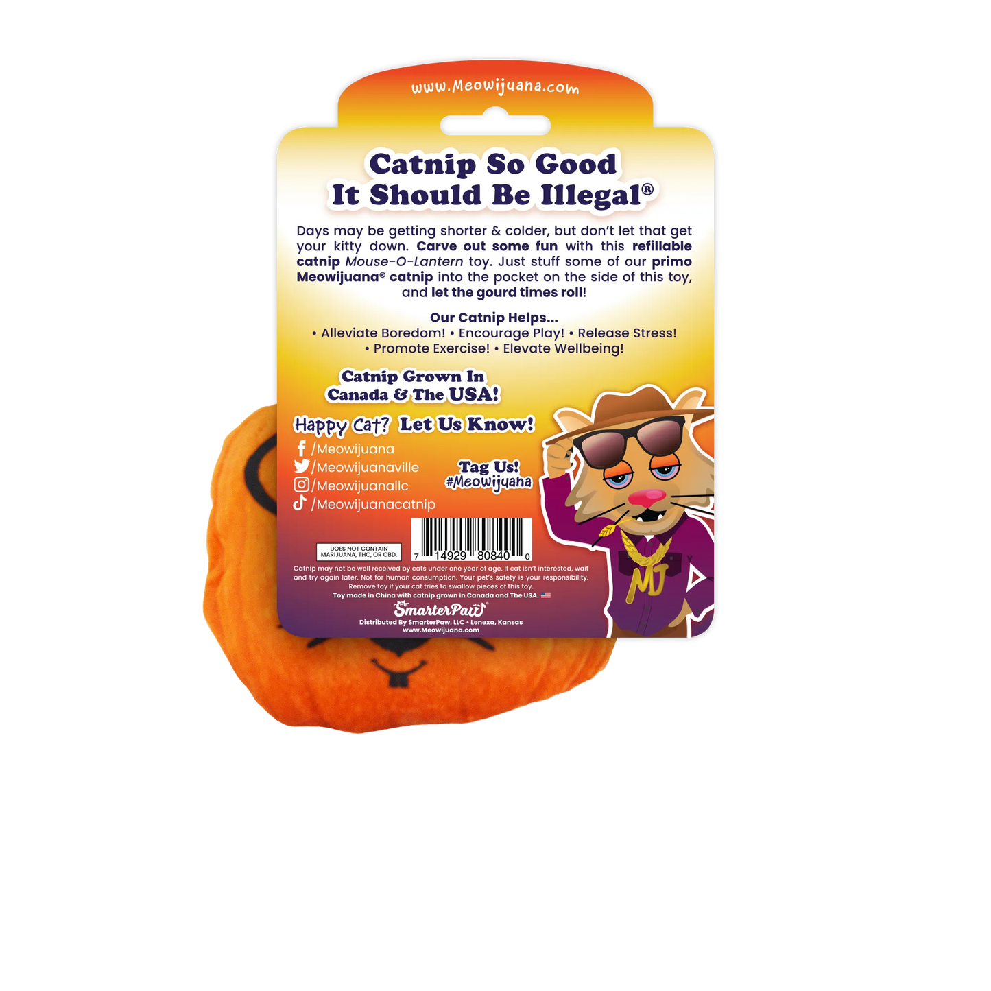 Back of the pumpkin-shaped cat toy packaging, showcasing catnip benefits and brand info.