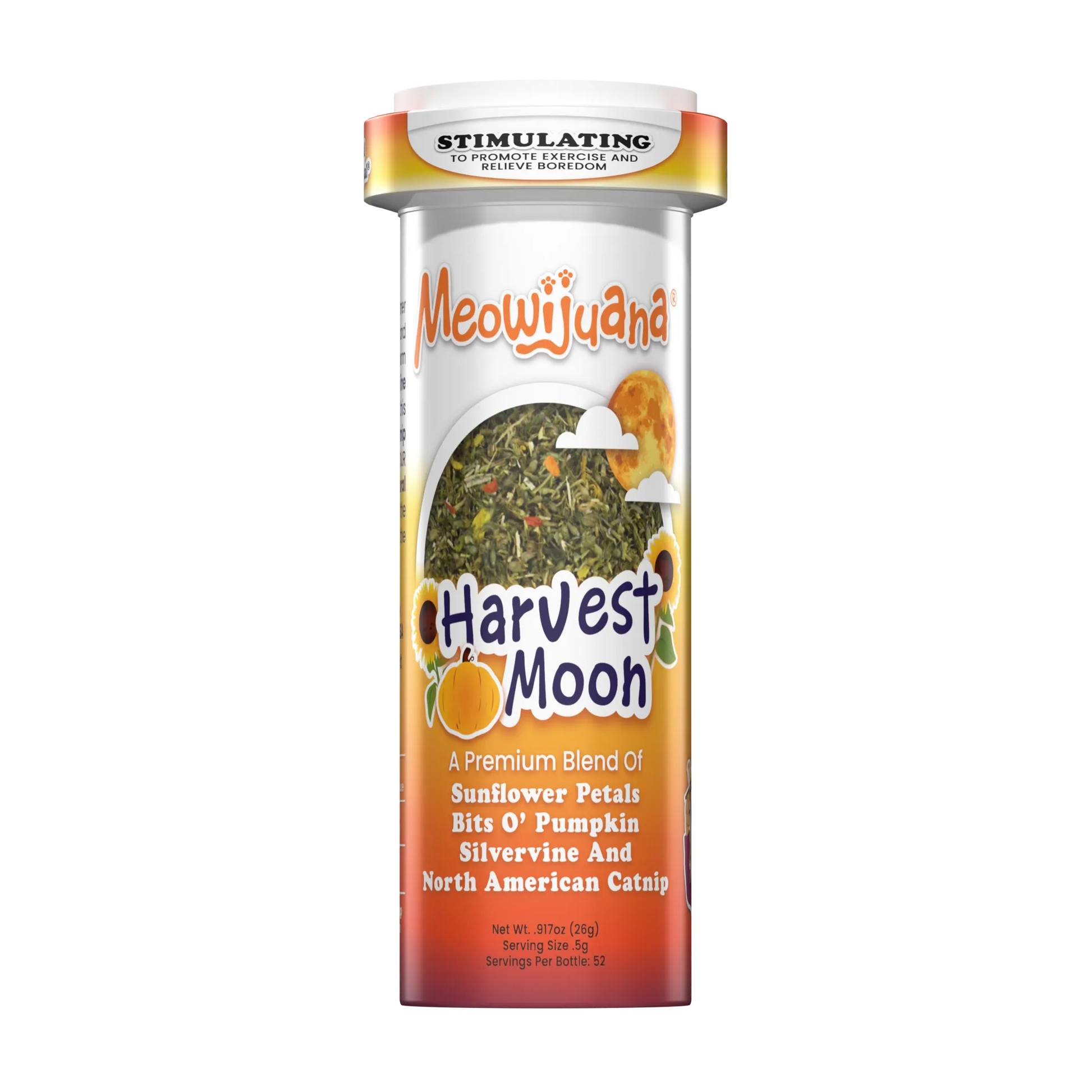 Meowijuana Harvest Moon catnip bottle featuring a blend of sunflower petals, pumpkin bits, silvervine, and North American catnip.