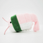 Side view of a pink shrimp roll toy with a green band and antennae.