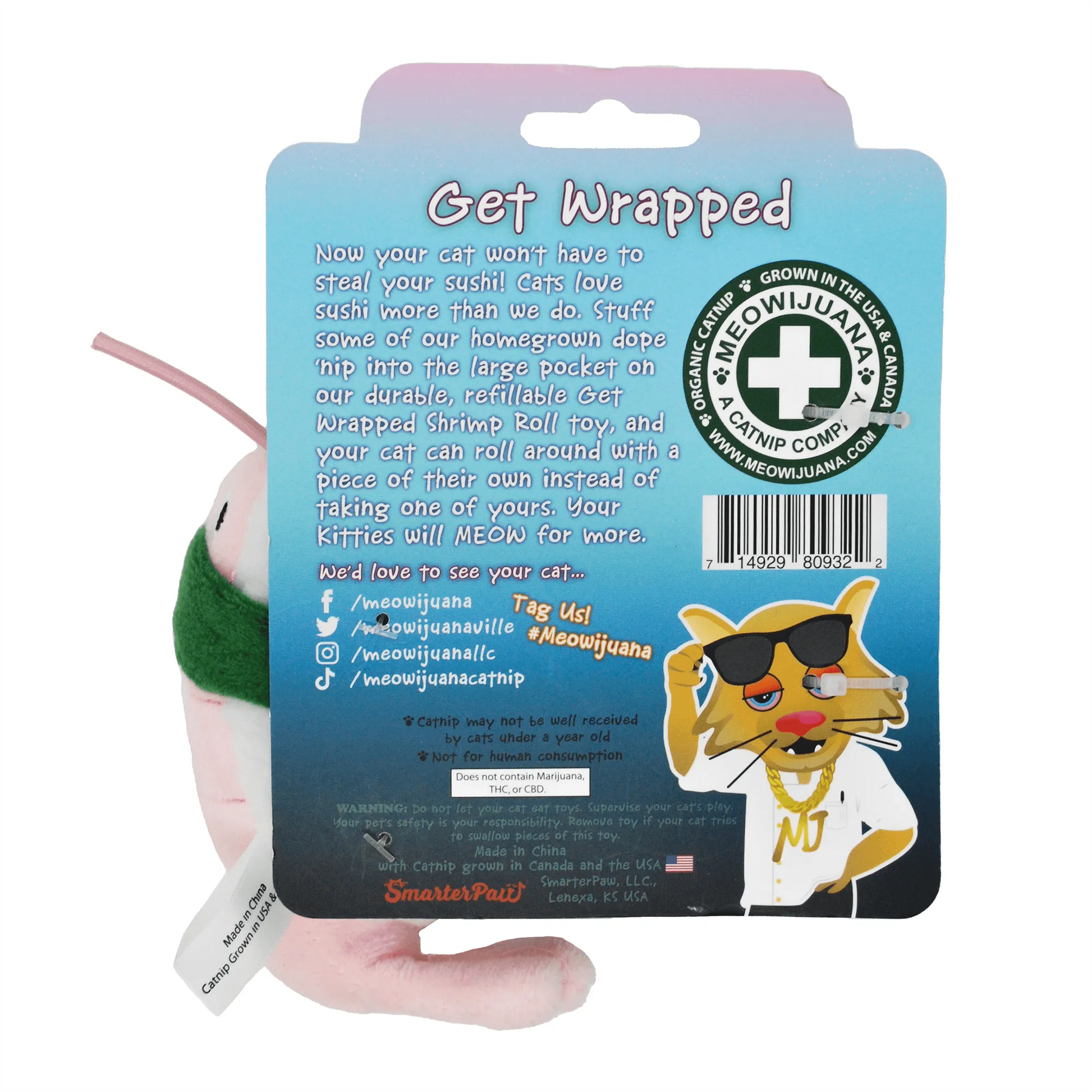 Back of the shrimp roll toy packaging with details and Meowijuana branding.