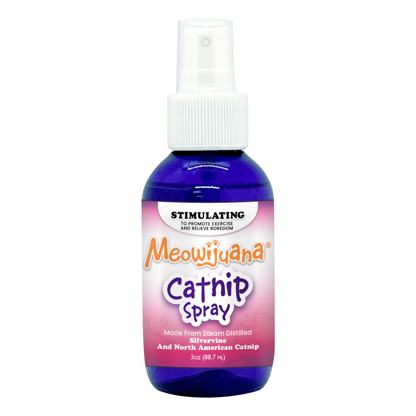 A bottle of Meowijuana Catnip Spray with a purple label, labeled as stimulating for exercise and boredom relief, 3 oz size.