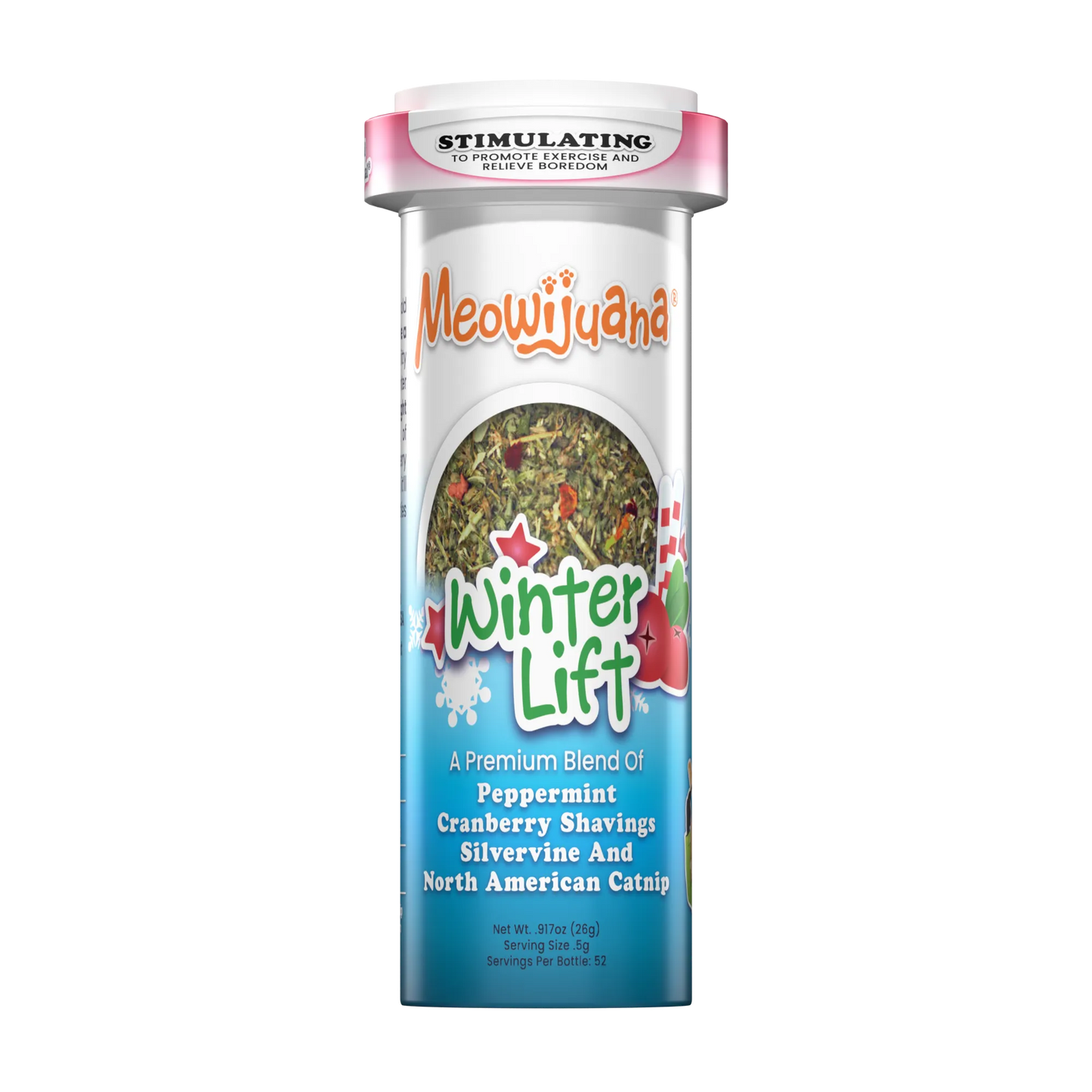 Meowijuana Winter Lift catnip blend tube, featuring peppermint, cranberry shavings, silvervine, and catnip.