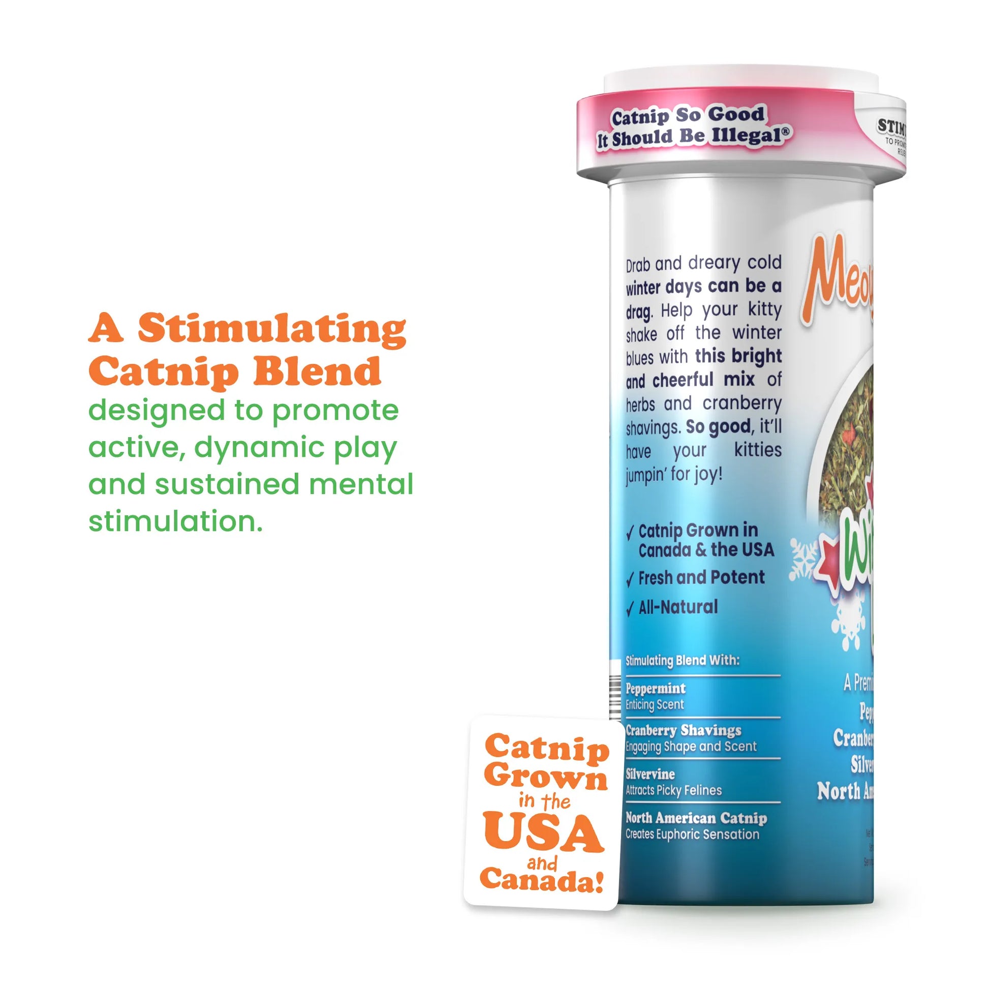 Side view of Winter Lift catnip tube with description promoting stimulation and mental activity for cats.