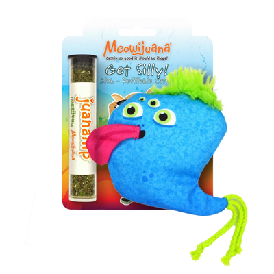 Meowijuana Blob toy with vibrant blue body, pink tongue, green fluff, and included Juananip tube in packaging.