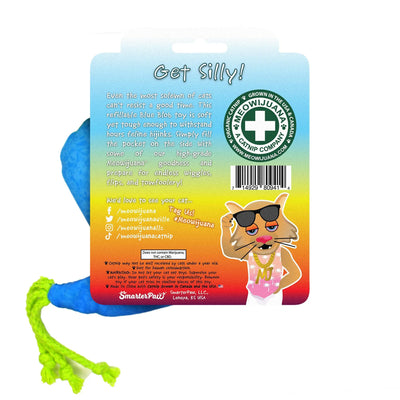 Backside of Meowijuana Blob toy packaging, highlighting catnip benefits and usage instructions for playful cats.