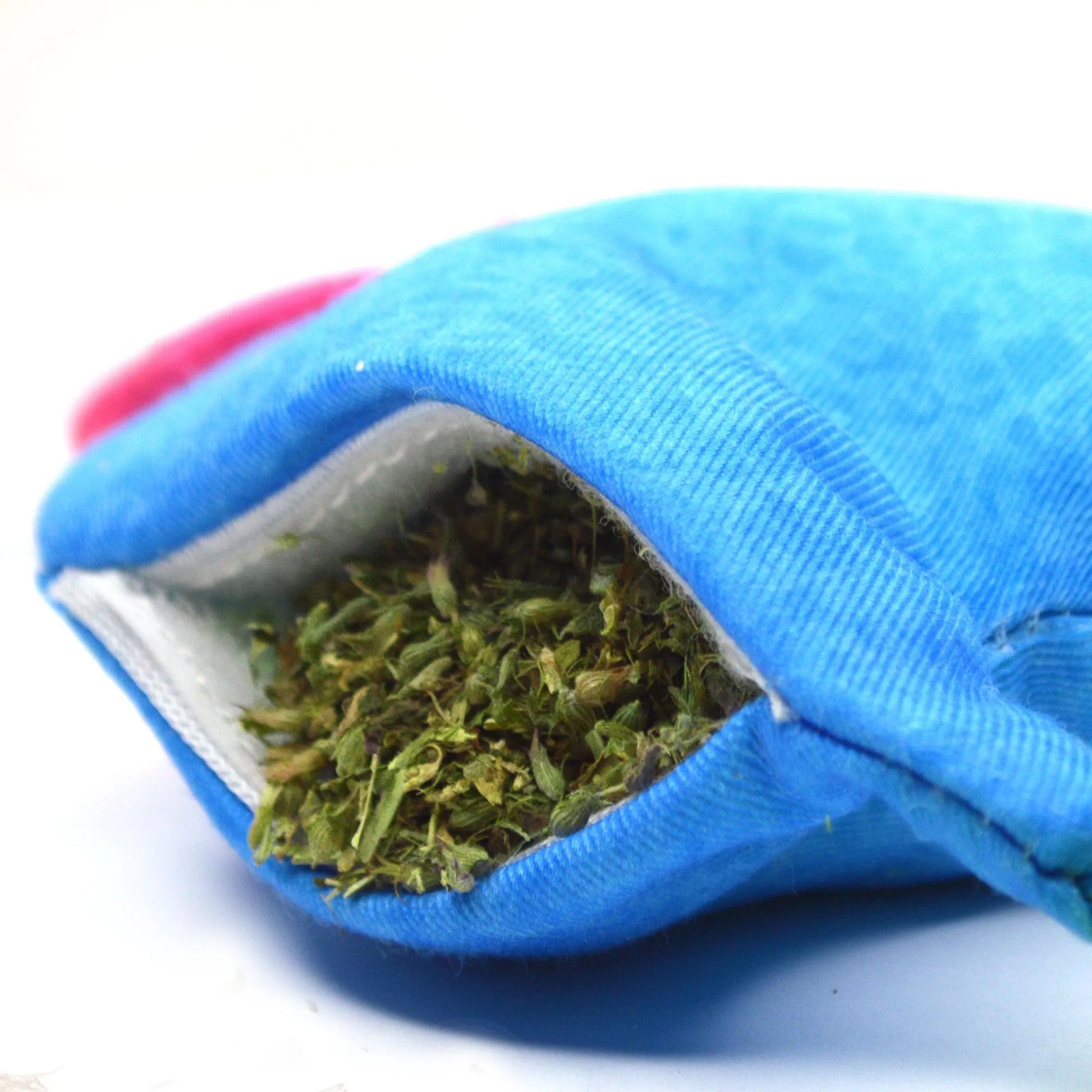 Close-up of Meowijuana Blob toy's refillable pocket stuffed with premium catnip for endless feline fun and activity.