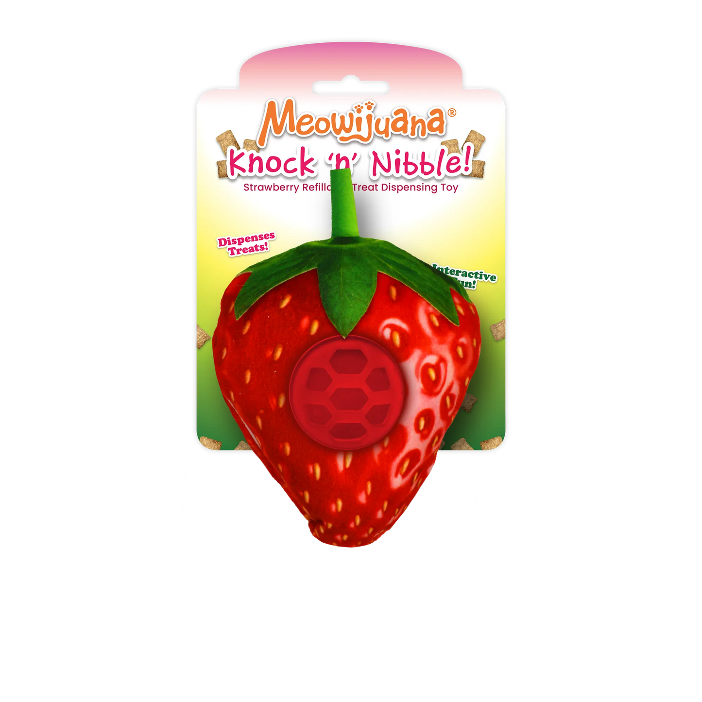 Meowijuana Knock 'n' Nibble strawberry treat-dispensing toy with crinkle sound and refillable treat ball for interactive fun.