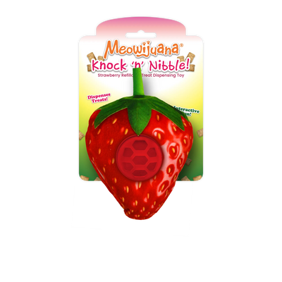 Meowijuana Knock 'n' Nibble strawberry treat-dispensing toy with crinkle sound and refillable treat ball for interactive fun.