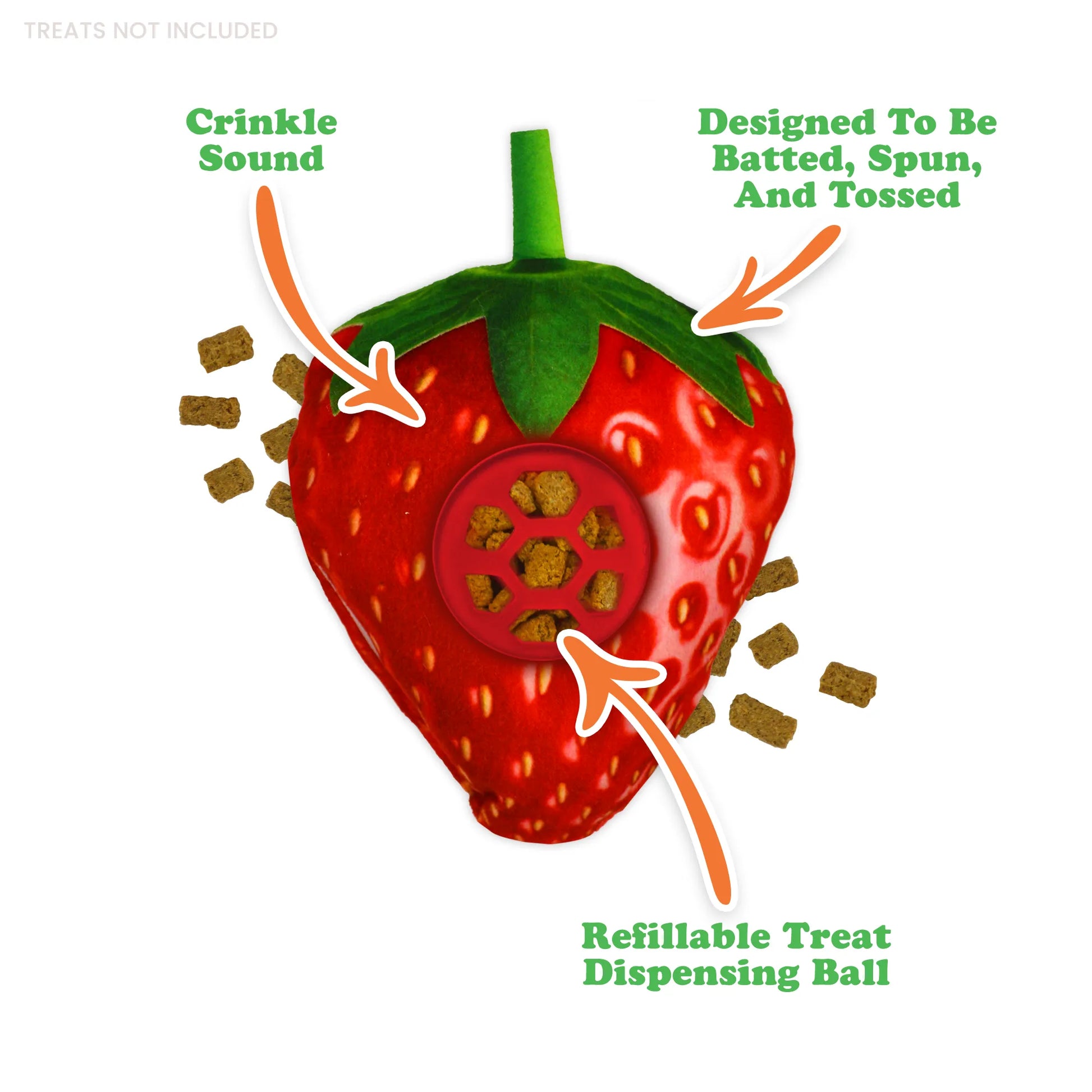 Close-up of Meowijuana strawberry toy showing crinkle sound, refillable treat dispenser, and design for bat and toss play.