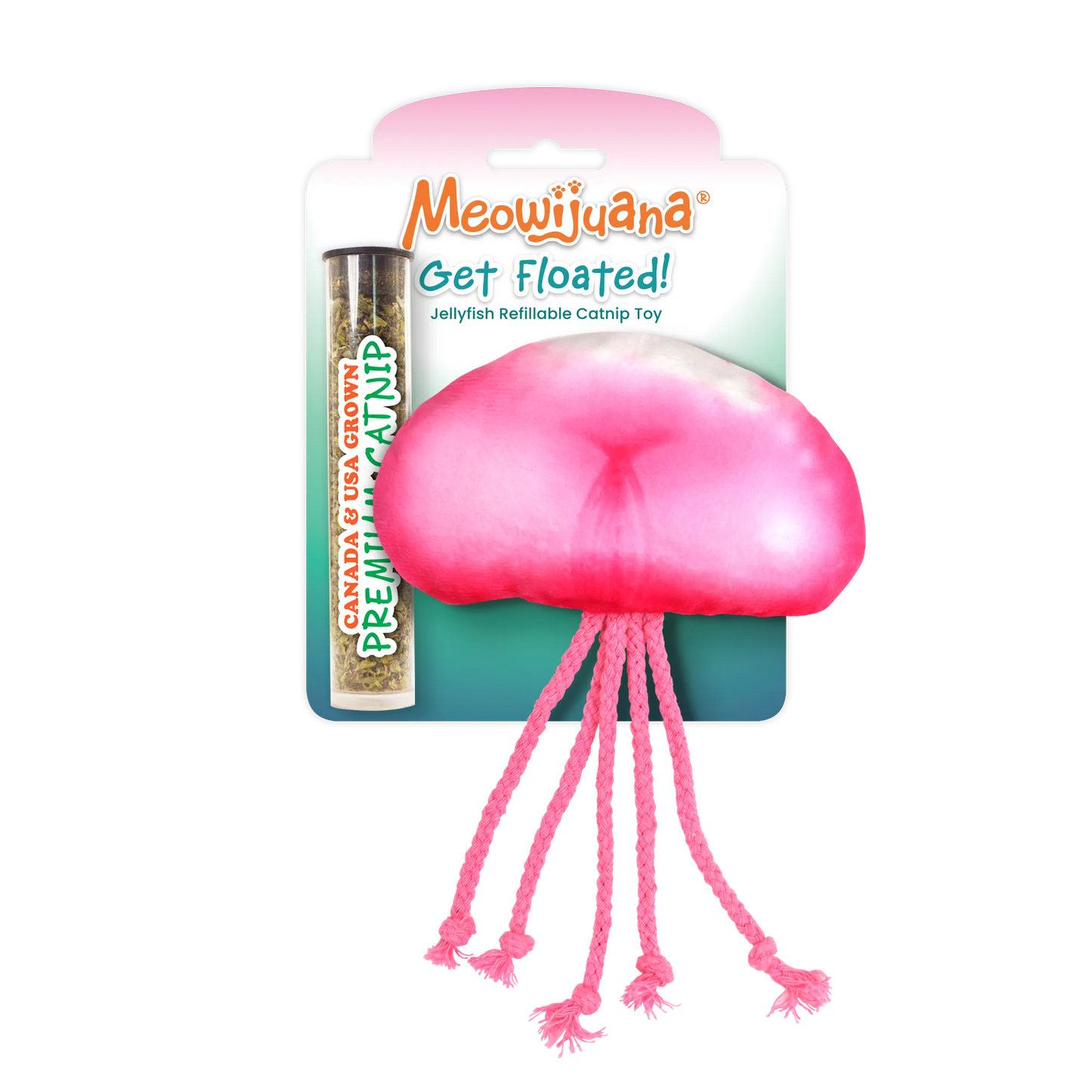 Jellyfish-shaped cat toy with pink tentacles and a tube of Meowijuana premium catnip.