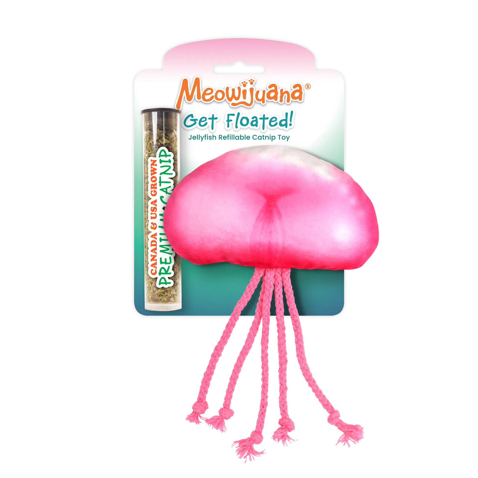 Jellyfish-shaped cat toy with pink tentacles and a tube of Meowijuana premium catnip.