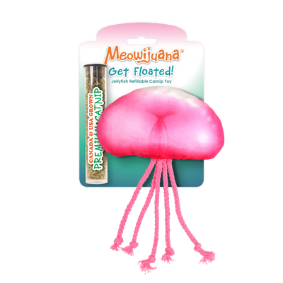 Jellyfish-shaped cat toy with pink tentacles and a tube of Meowijuana premium catnip.