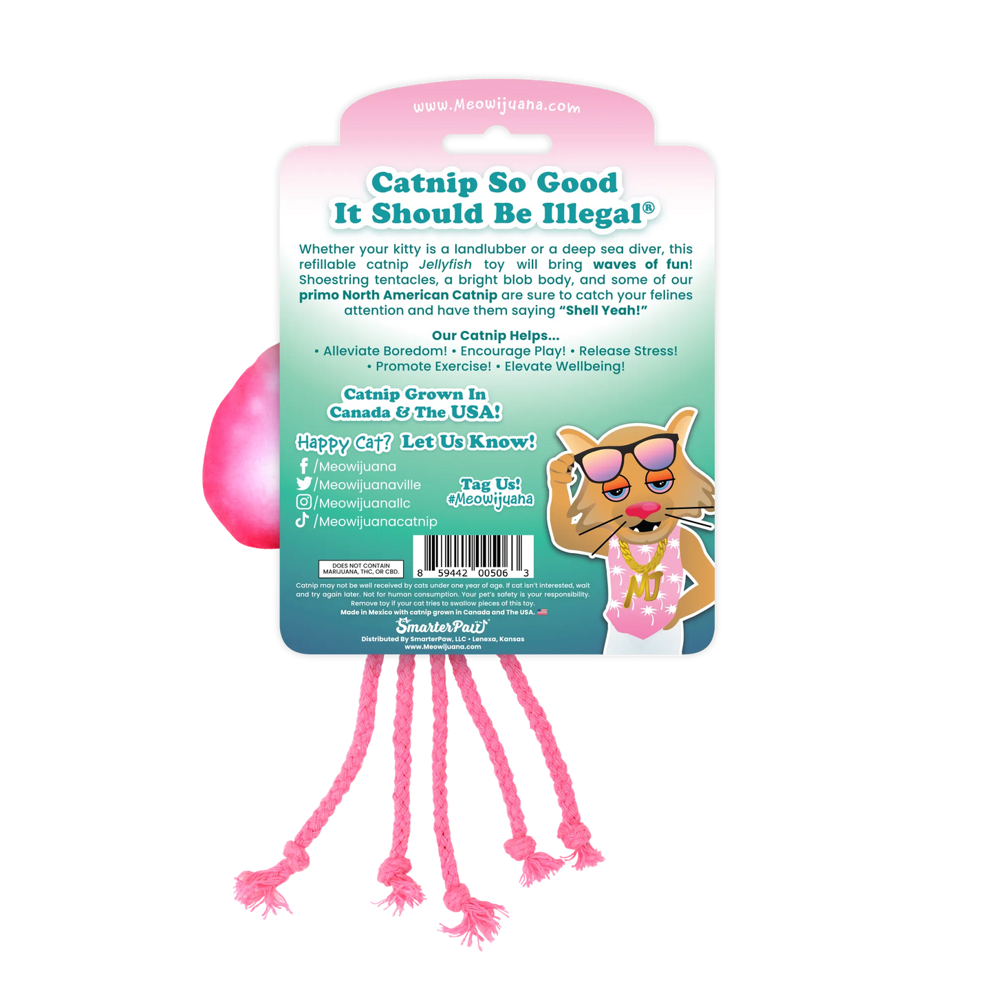 Back of the jellyfish cat toy packaging with catnip benefits and Meowijuana branding.