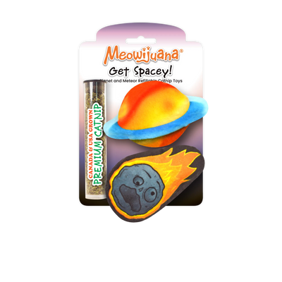 Planet and meteor-shaped cat toys with bright colors and a tube of Meowijuana premium catnip.