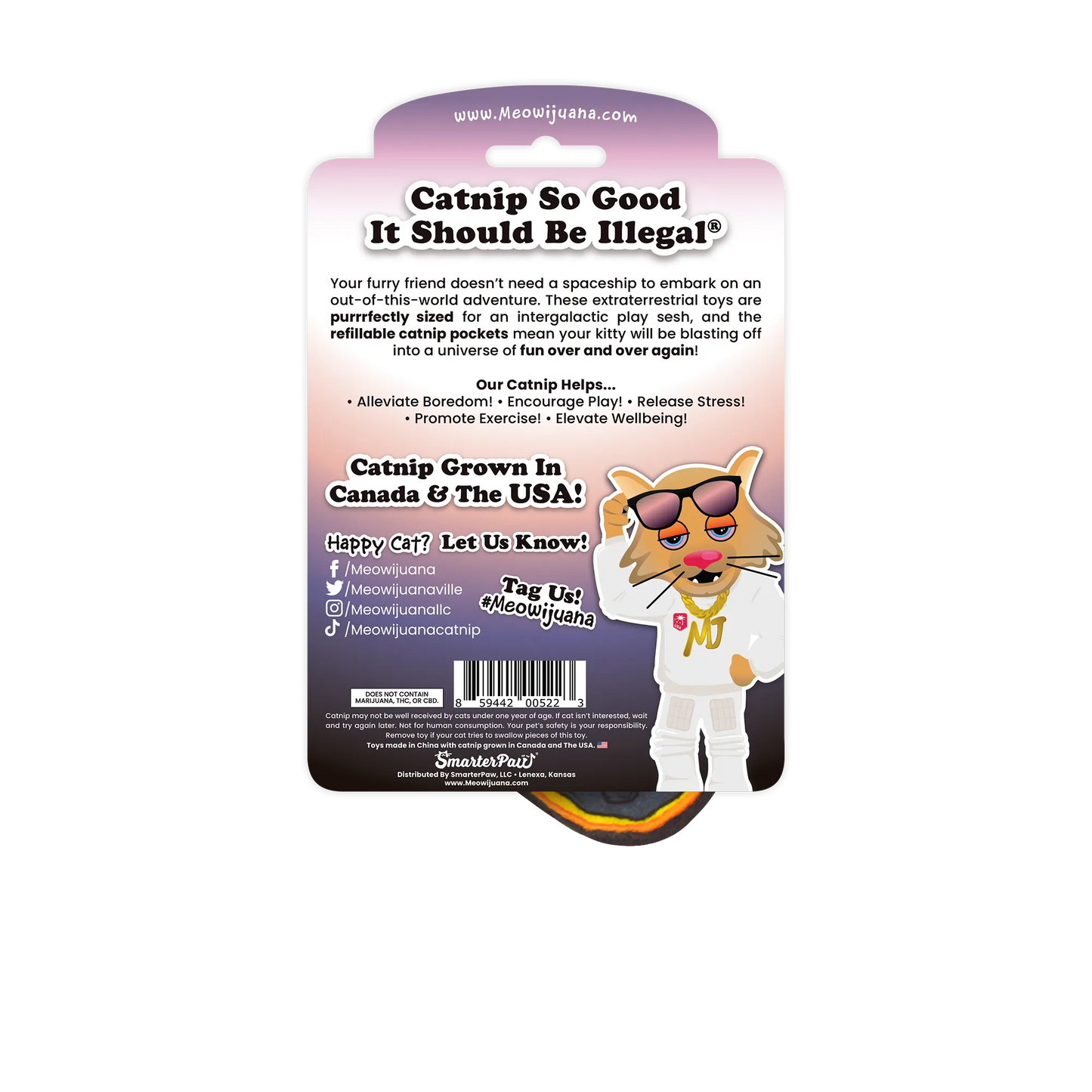 Back of the planet and meteor cat toy packaging with details on the catnip benefits and Meowijuana branding.