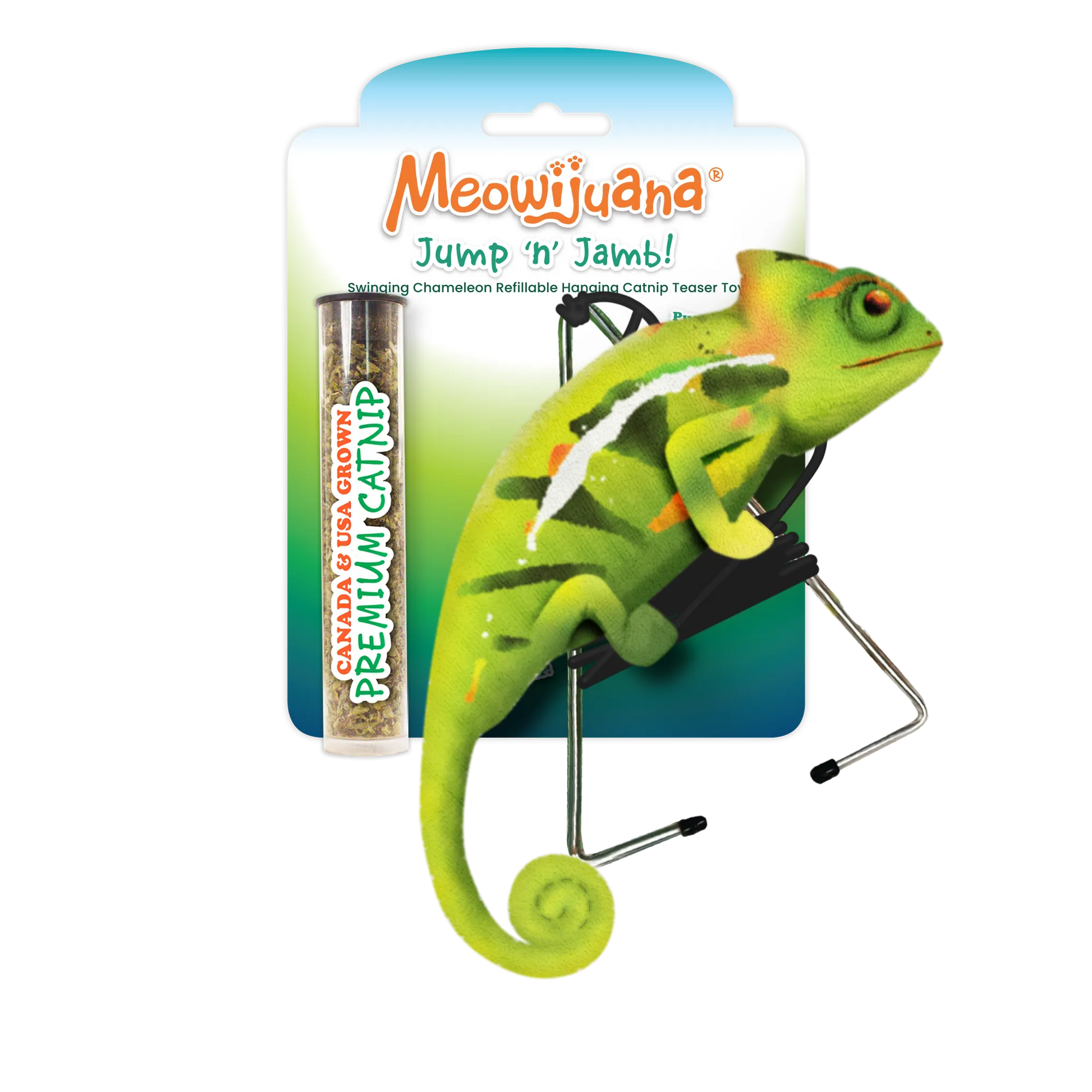 Meowijuana "Jump 'n' Jamb!" chameleon catnip toy with premium North American catnip tube, for fun and exercise.