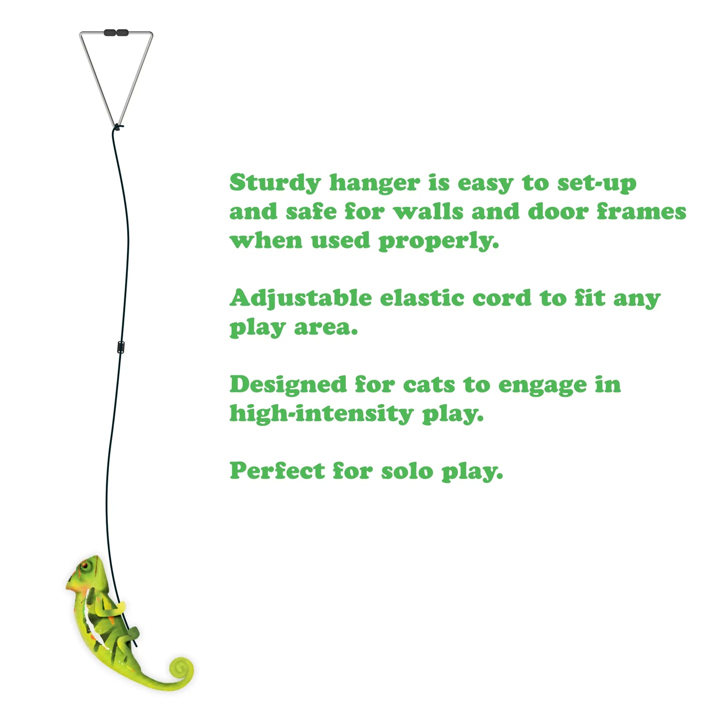 Elastic cord, safety clip, chameleon toy for high-intensity solo play, adjustable to fit any play area or door frame.