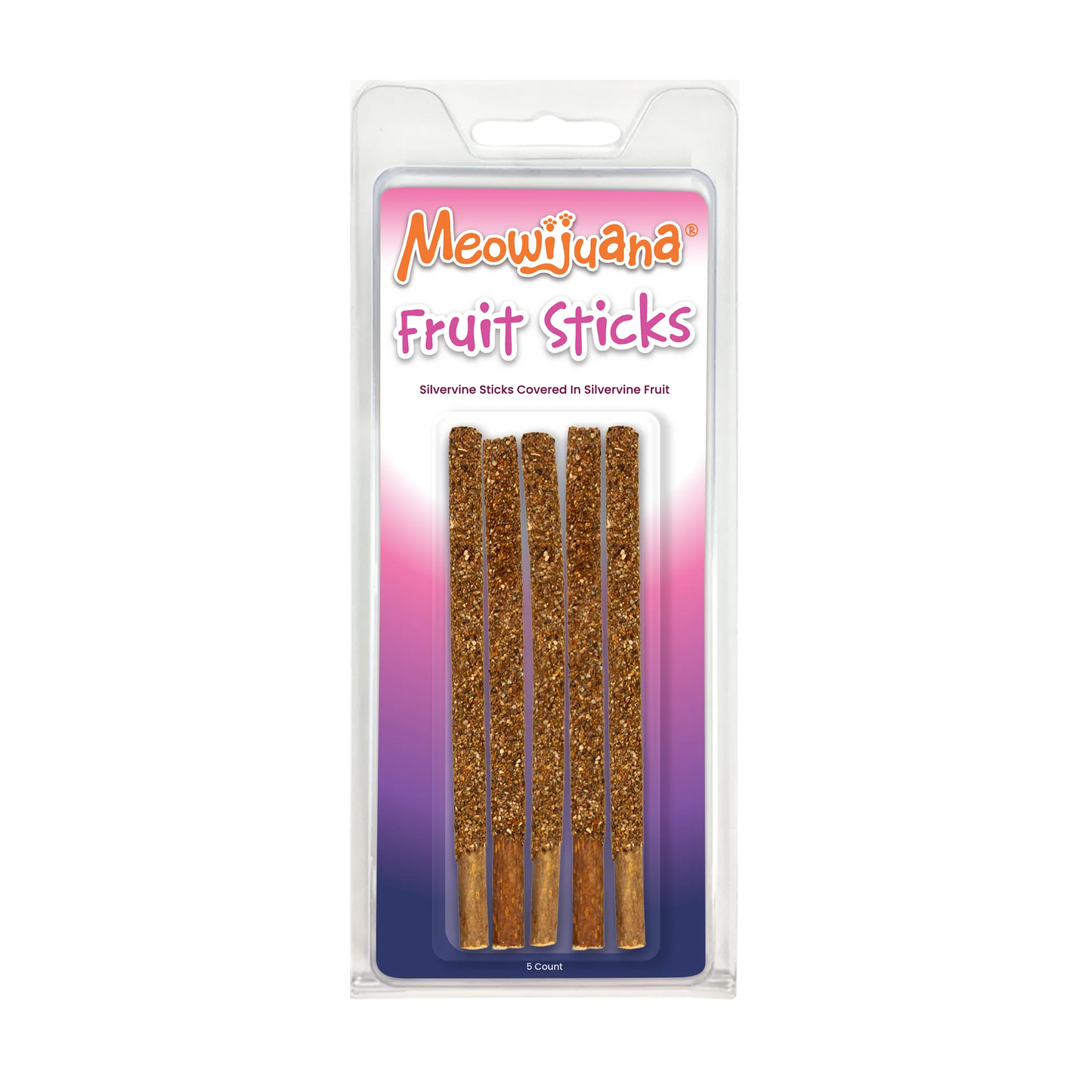 Package of Meowijuana Fruit Sticks, silvervine sticks coated in silvervine fruit, 5 count.