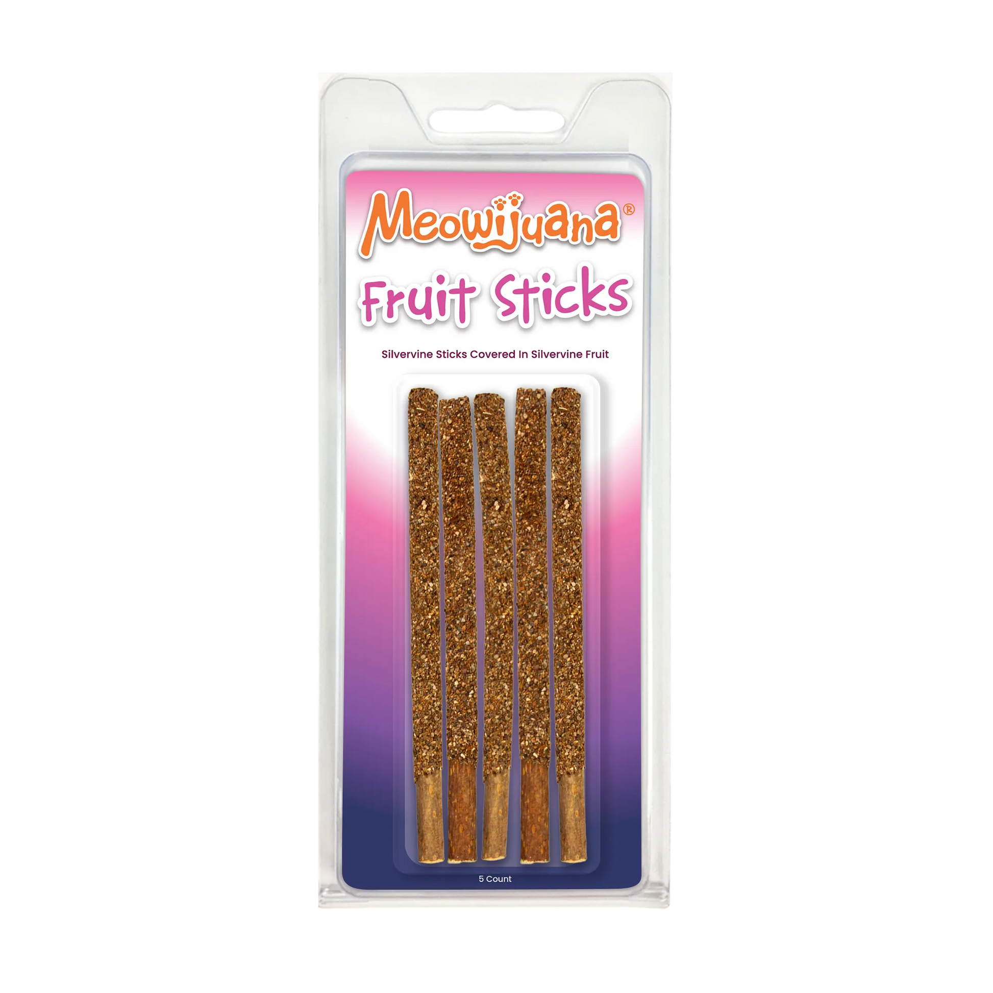 Package of Meowijuana Fruit Sticks, silvervine sticks coated in silvervine fruit, 5 count.