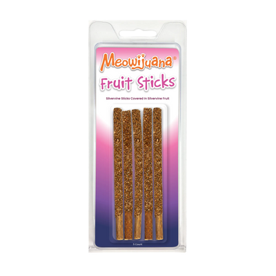 Package of Meowijuana Fruit Sticks, silvervine sticks coated in silvervine fruit, 5 count.