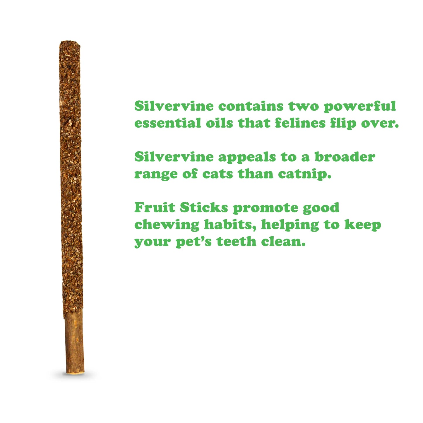 Single Meowijuana Fruit Stick, covered with silvervine fruit, promoting healthy chewing habits and clean teeth.