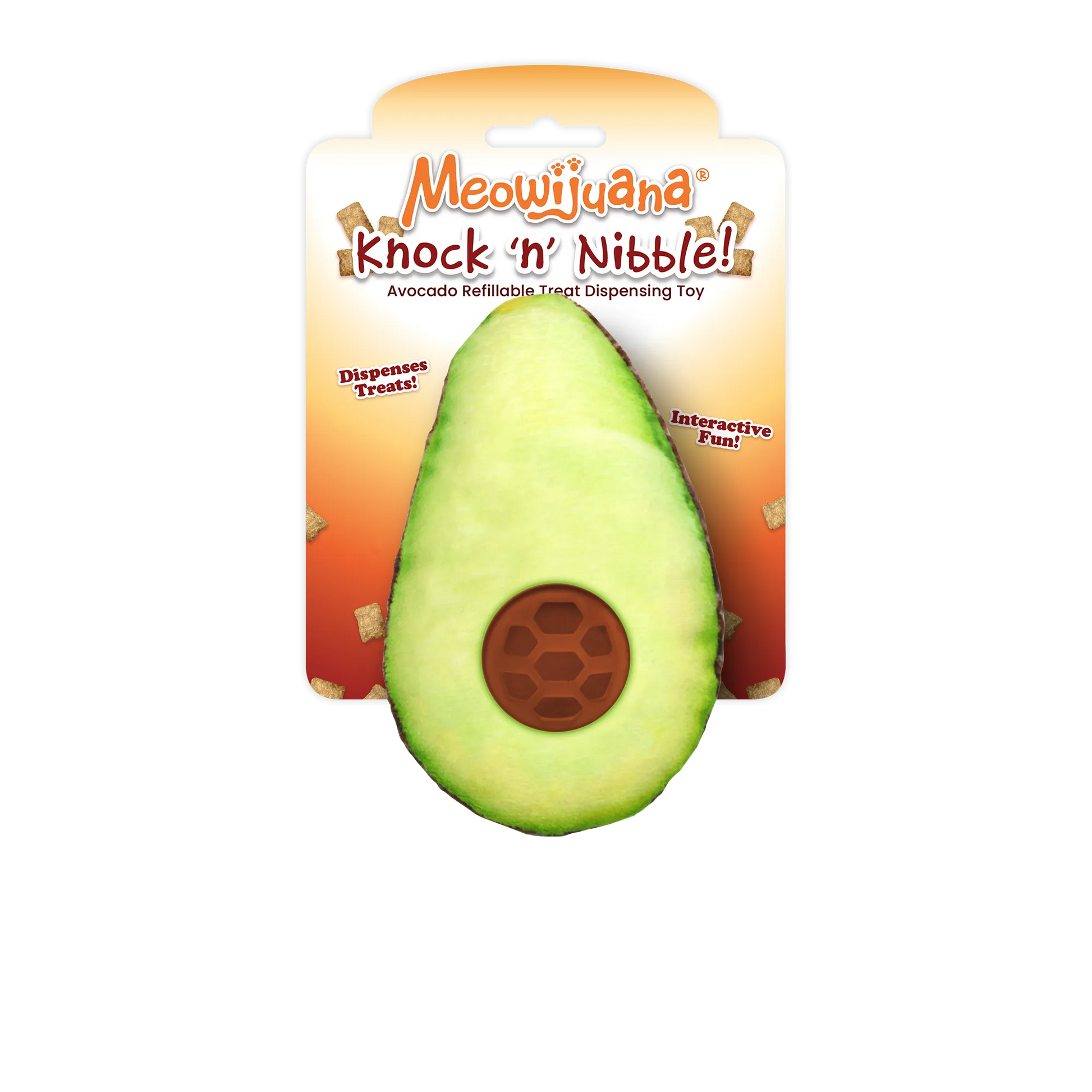 Meowijuana Knock 'n' Nibble avocado-shaped treat dispensing cat toy with interactive fun and treat storage.