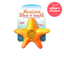 A bright orange starfish-shaped treat dispenser toy for cats, labeled "Meowijuana Knock 'n' Nibble," designed for interactive play.