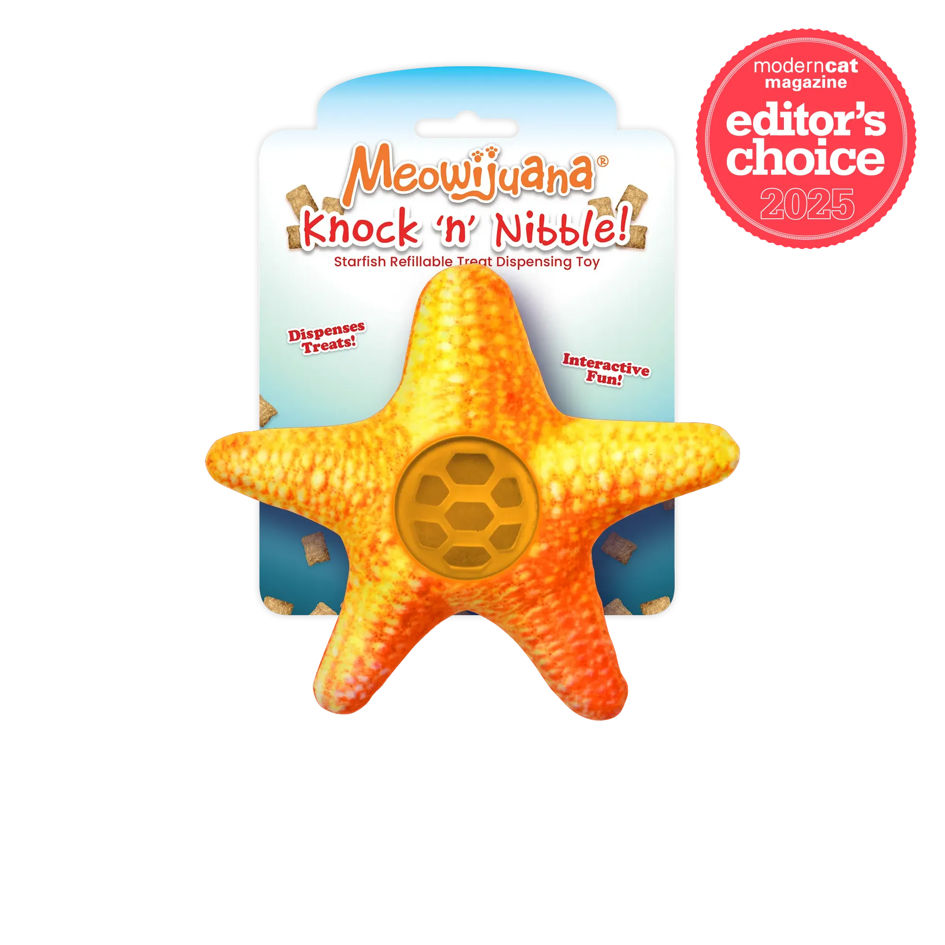 A bright orange starfish-shaped treat dispenser toy for cats, labeled "Meowijuana Knock 'n' Nibble," designed for interactive play.