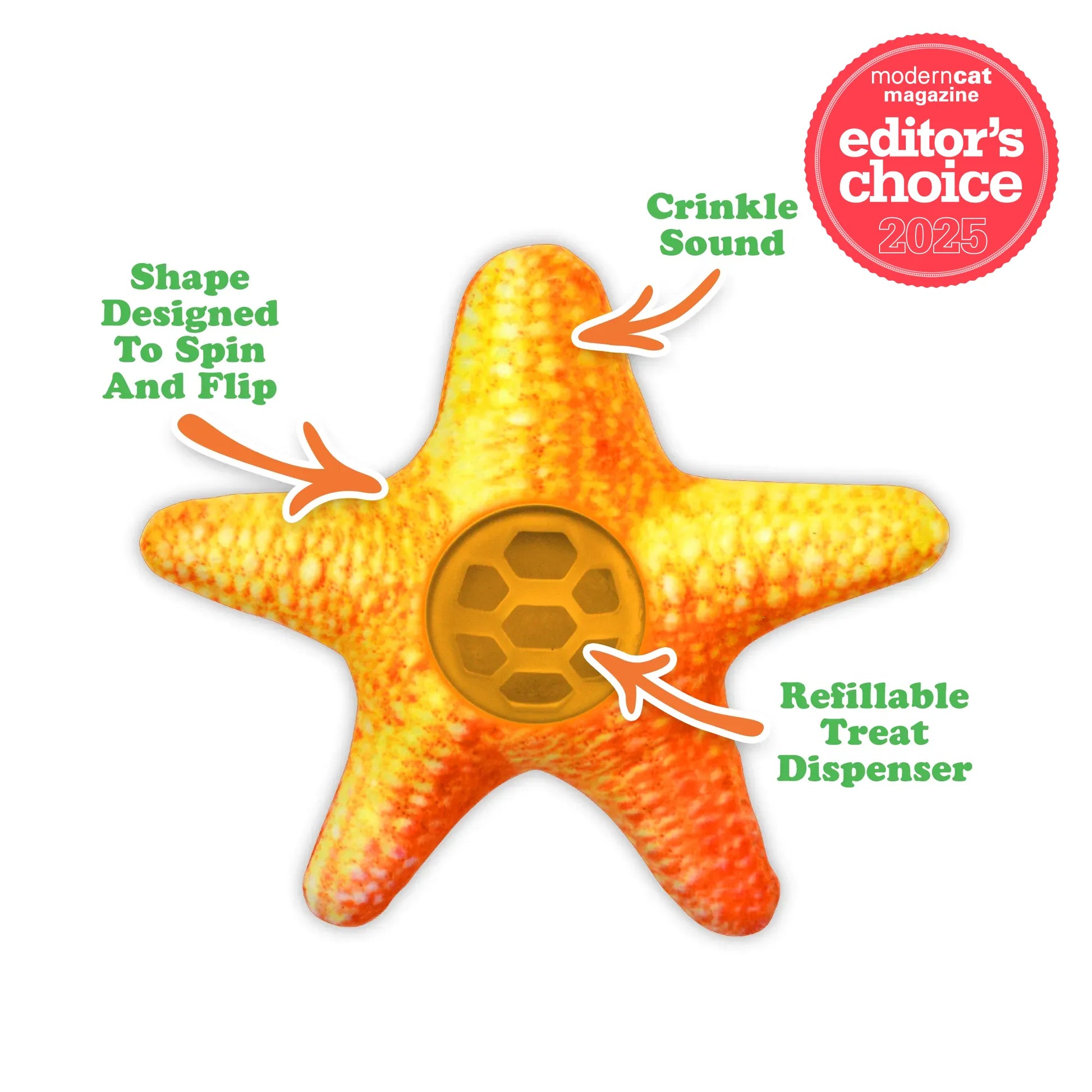 A bright orange starfish-shaped cat toy with labeled features: refillable treat dispenser, crinkle sound, and a design for spinning and flipping.