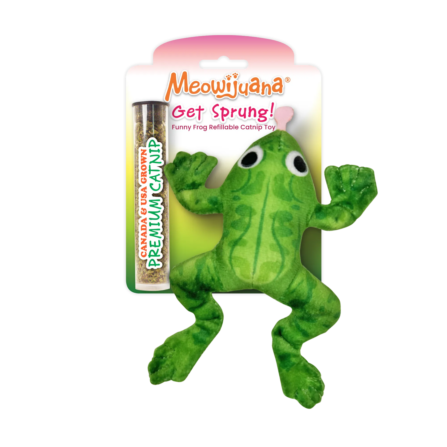 Frog-shaped cat toy with big eyes and a tube of premium Meowijuana catnip.