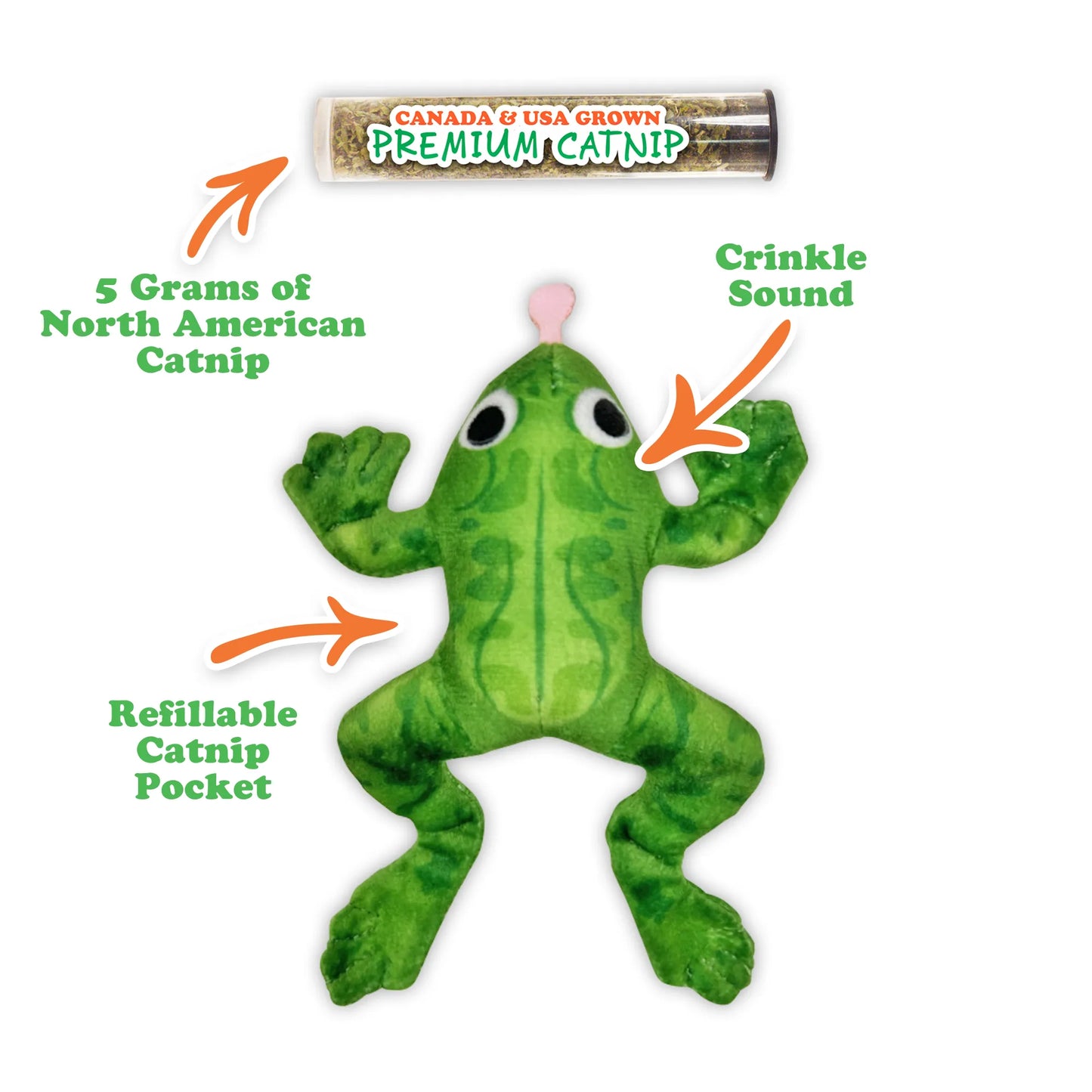 Close-up of the frog cat toy with a refillable catnip pocket and crinkle sound feature.