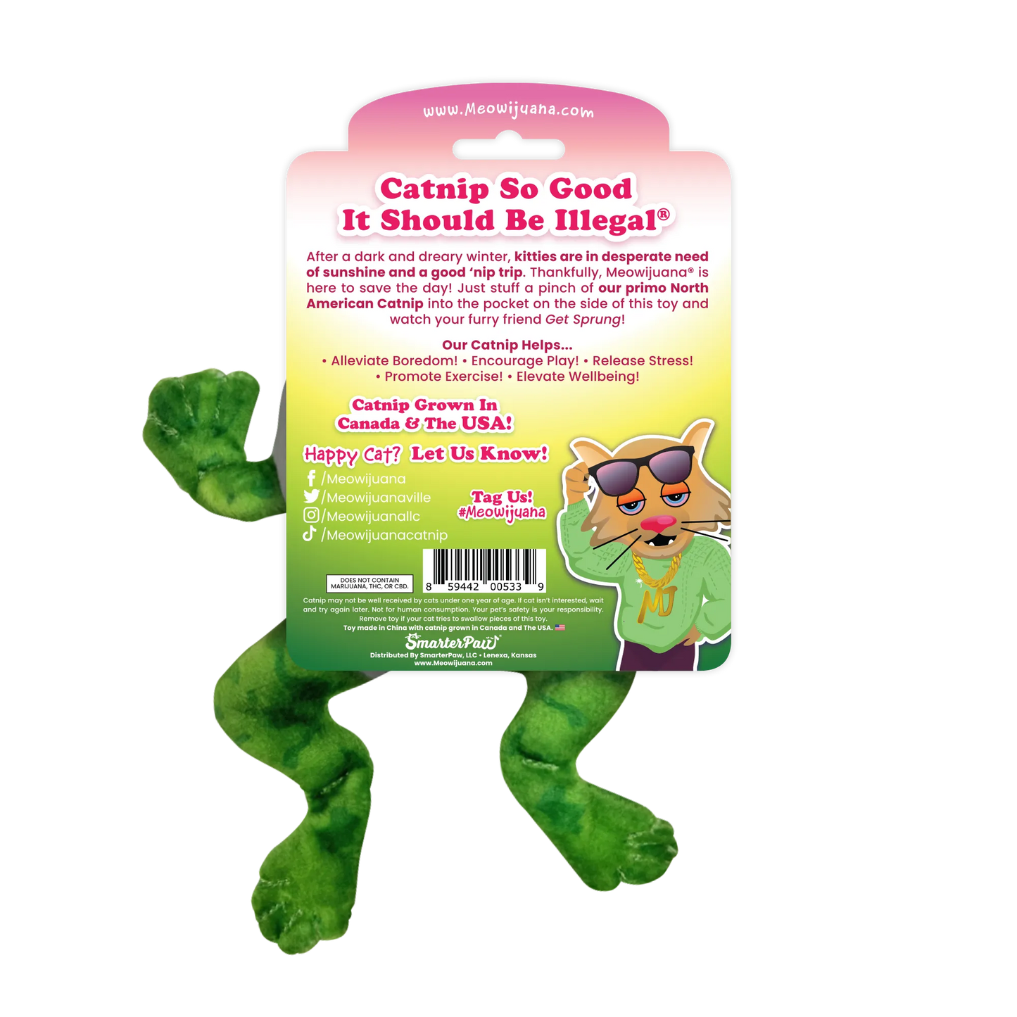 Back of the frog cat toy packaging, displaying catnip benefits and Meowijuana branding.