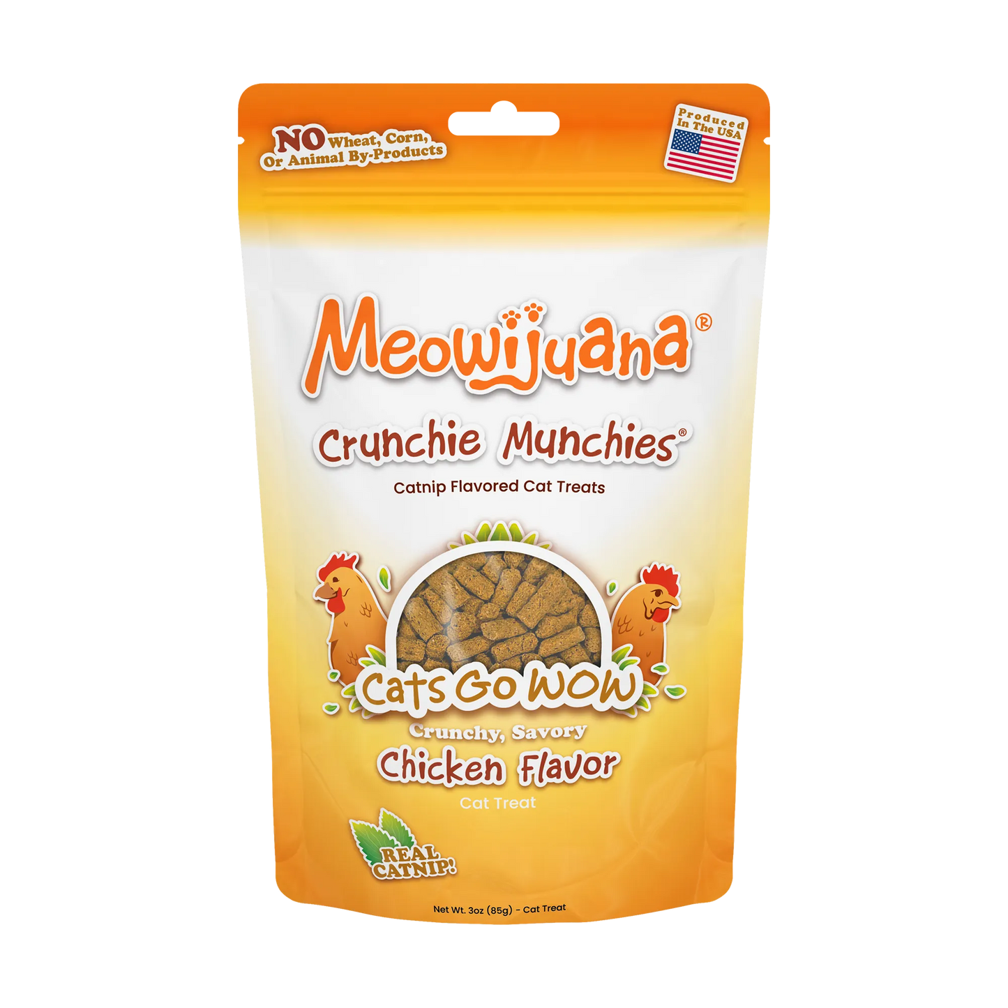 Bag of Meowijuana Crunchie Munchies, Chicken flavor, with real catnip and no wheat, corn, or by-products, produced in the USA.