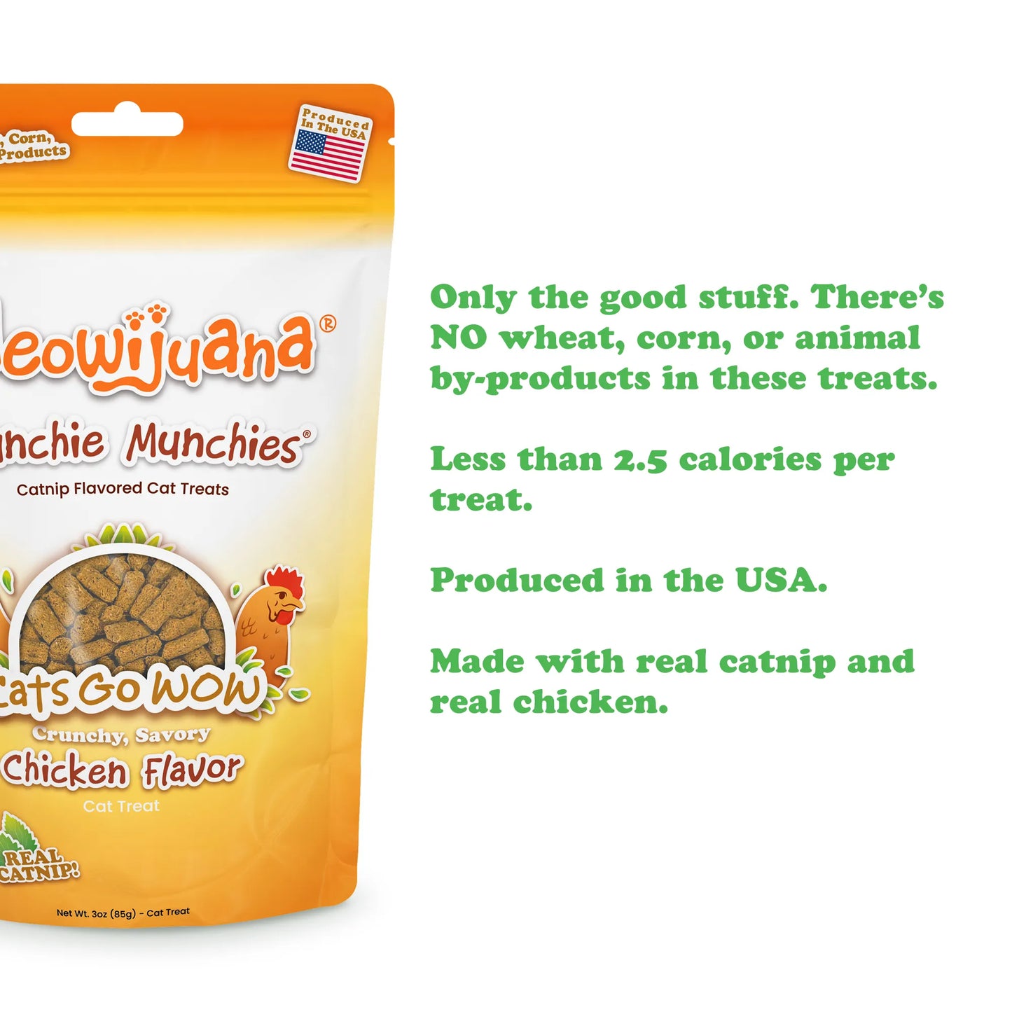 Meowijuana treats package highlighting no wheat or by-products, under 2.5 calories per treat, made with real catnip and chicken.