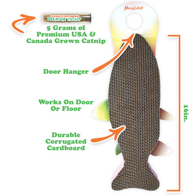 Hanging or floor-use cat scratcher with premium USA & Canada-grown catnip, durable design, and a fun fish shape.